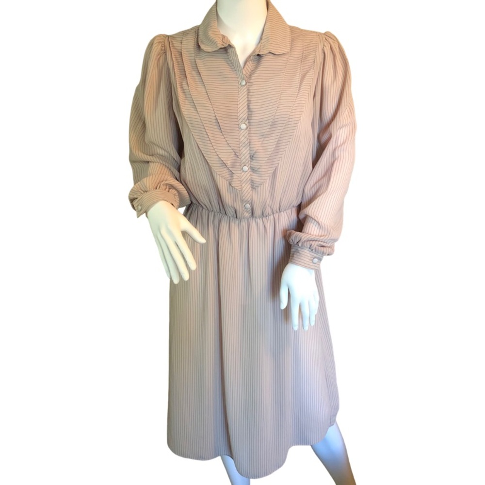 VINTAGE dress beige striped XS midi button up ruffled‎ chest 1900’s costume